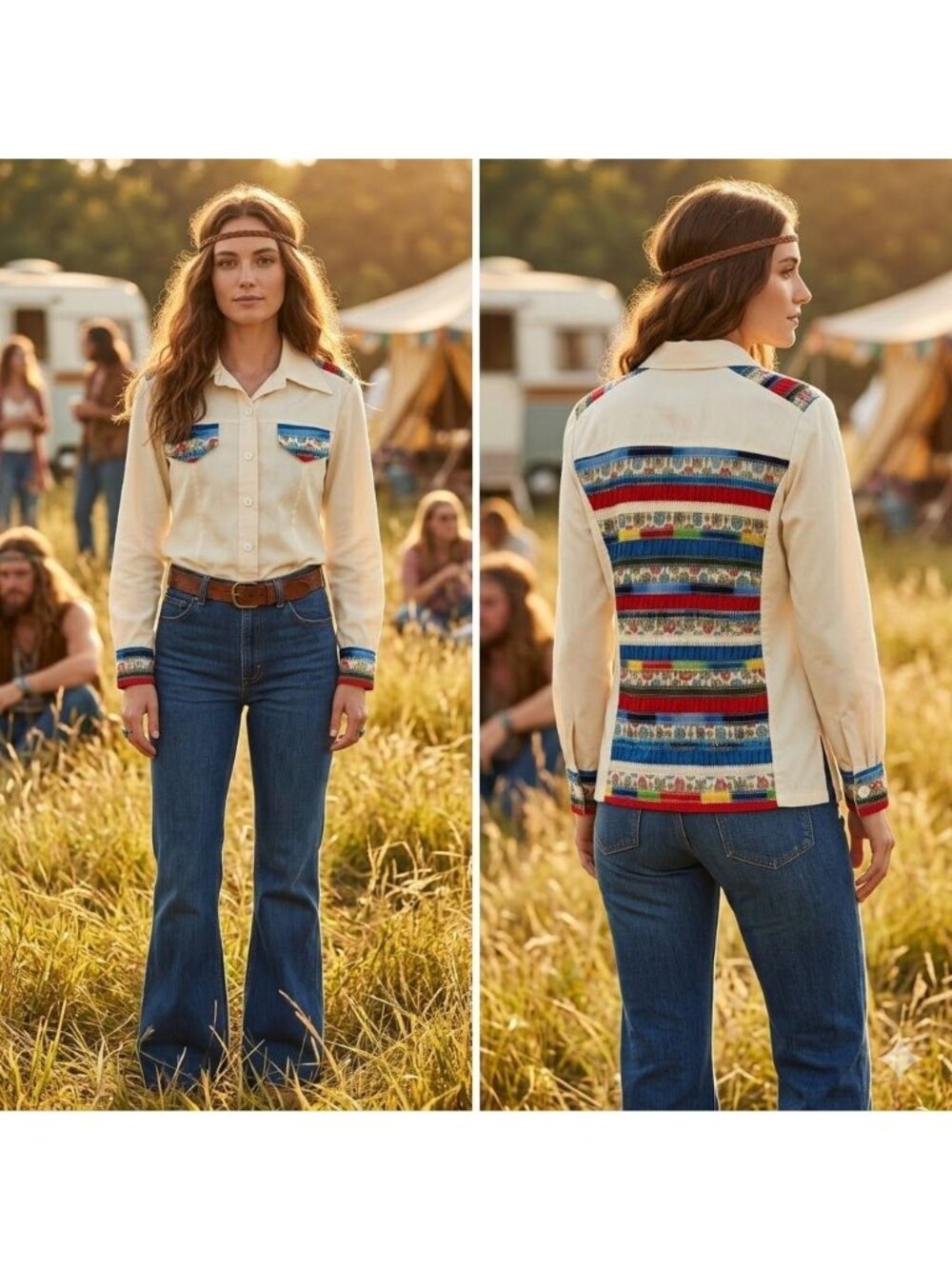 Vintage 70s Hippie Patchwork Colorful Pintuck Boho Blouse Button Down Shirt 16